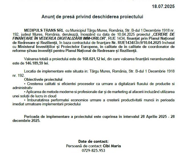 Anunt de presa privind lansarea proiectului Medipuls Trans SRL